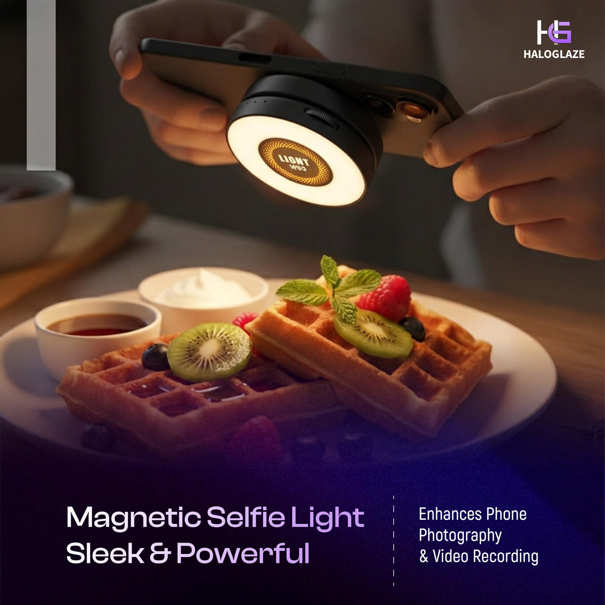 HaloGlaze Magnetic Selfie Light Compatible with MagSafe, LED Influencer Light, 3 Color Modes, Type-C Charging, High-Brightness Fill Light with Sticky Ring