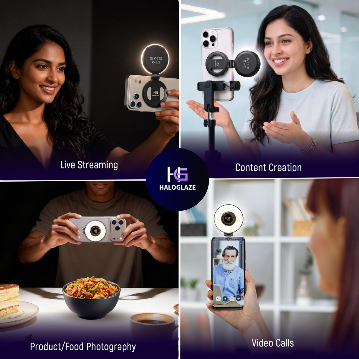HaloGlaze Magnetic Selfie Light Compatible with MagSafe, LED Influencer Light, 3 Color Modes, Type-C Charging, High-Brightness Fill Light with Sticky Ring